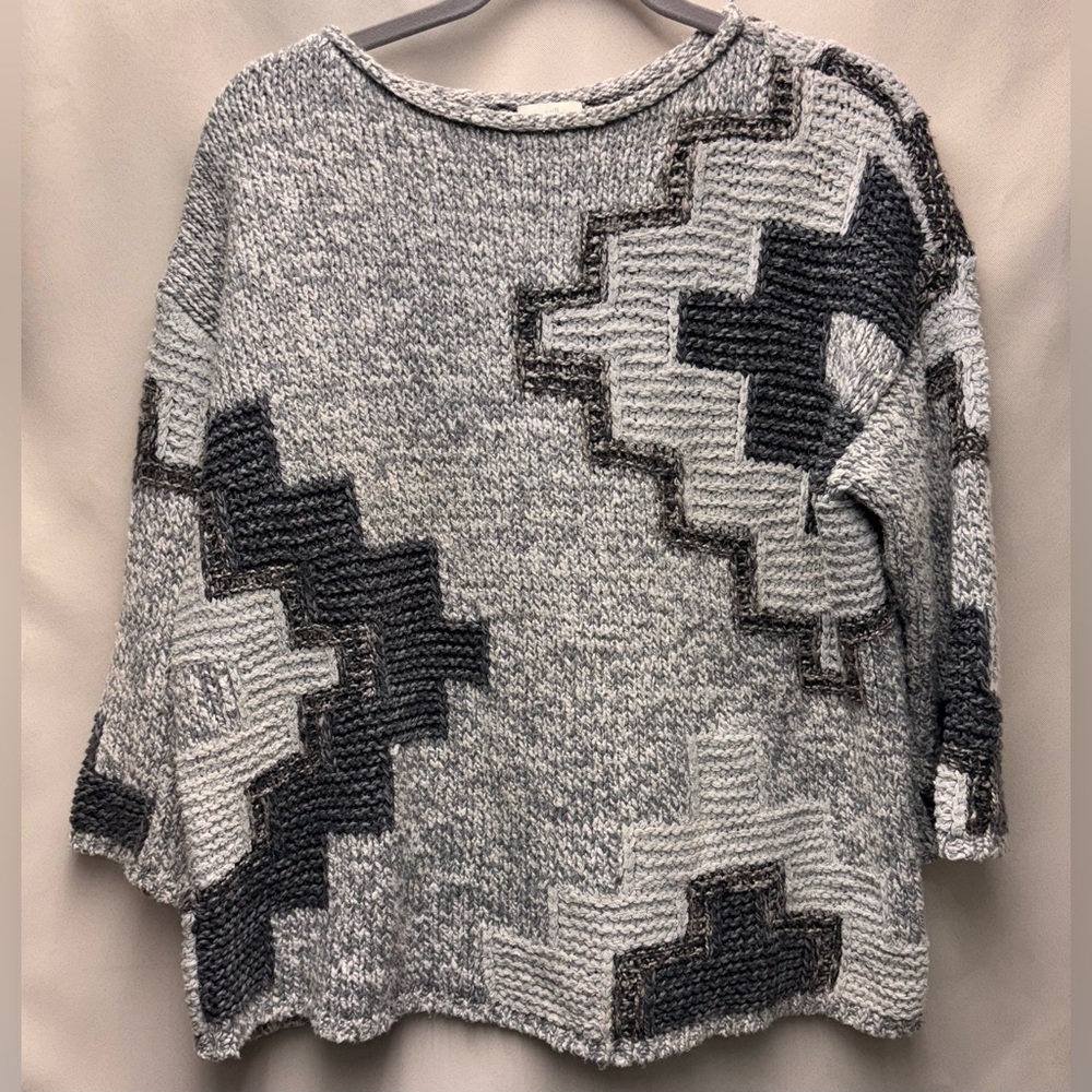 J. Jill Cotton Blend Chunky Knit Oversized  Tribal Boho 3/4 Sleeve Sweater XS